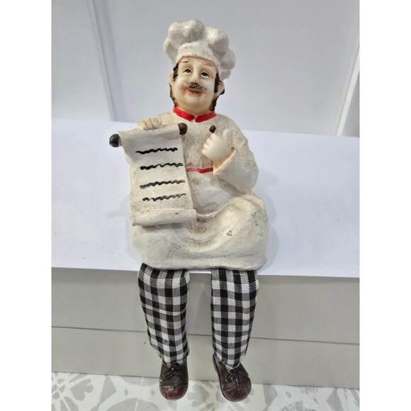 Chef Shelf-Sitter Figurine with Menu Scroll & Gingham Legs – Kitchen Décor - Picture 1 of 16
